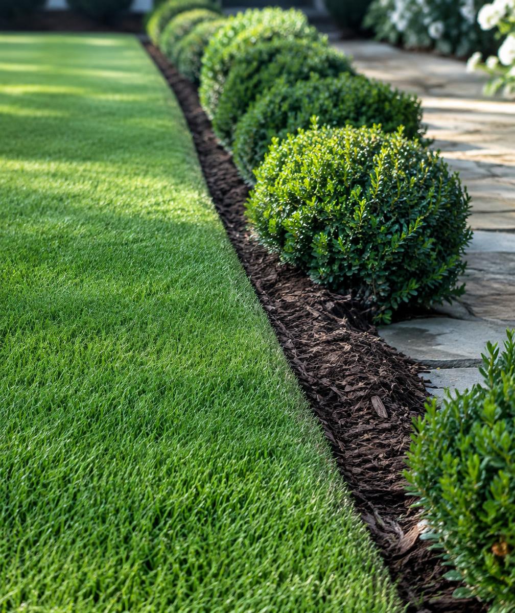 Crisp lawn edge beside trimmed boxwoods and a stone path